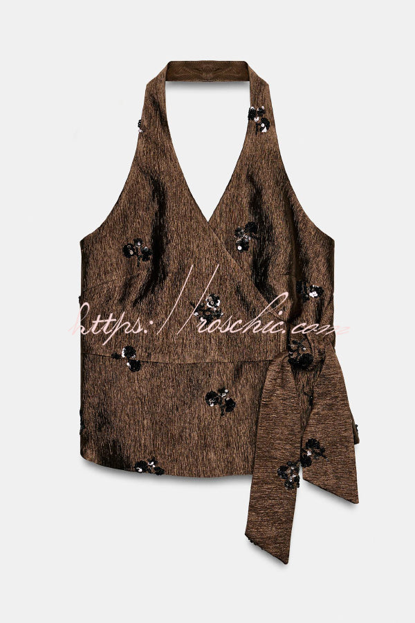 Stylish Sequined Halter Neck Backless Cross Tie Top