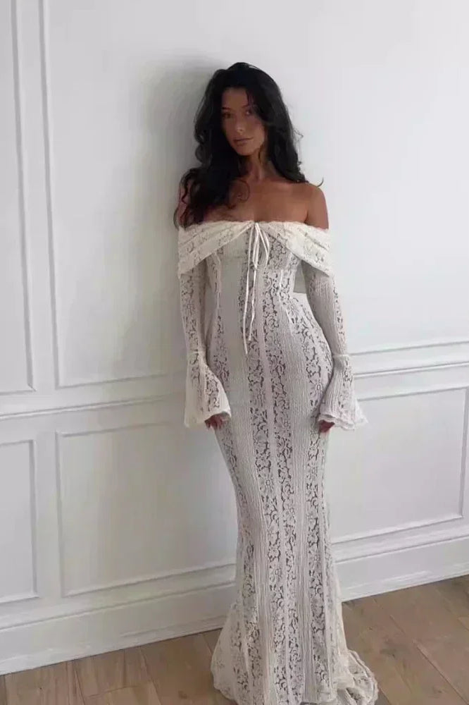 Vestido largo bohemio con hombros descubiertos de encaje