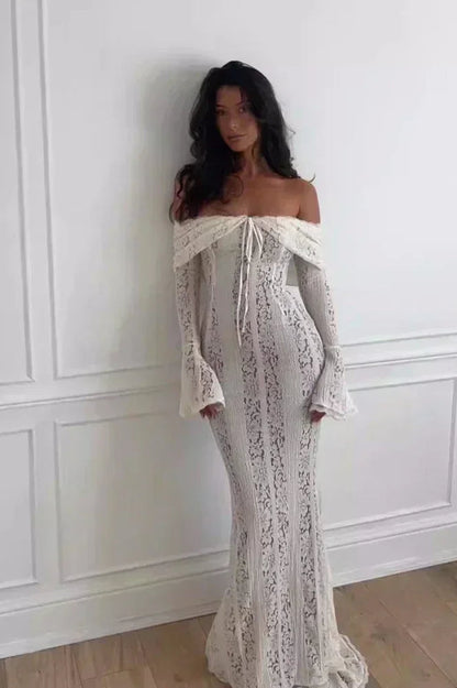 Vestido largo bohemio con hombros descubiertos de encaje
