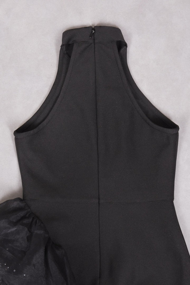 Vestido de Fiesta Asimétrico de Malla con Volantes Negro