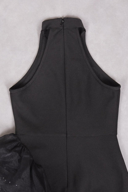 Vestido de Fiesta Asimétrico de Malla con Volantes Negro
