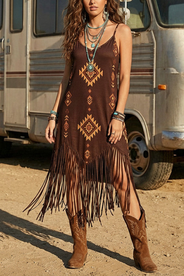 Unique Printed Sleeveless Suspender Casual Tassel Hem Midi Dress