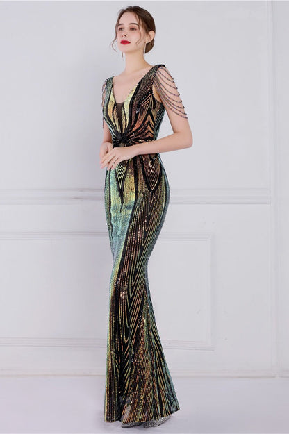 Vestido de fiesta de sirena con lentejuelas florales y pedrería