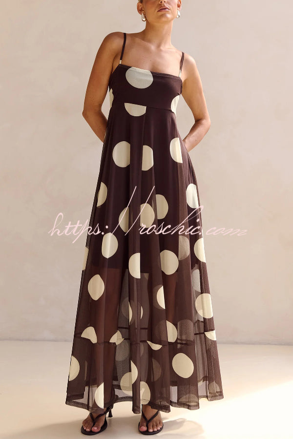 Polka Dot Print Mesh Spaghetti Strap Square Neck Vacation Maxi Dress
