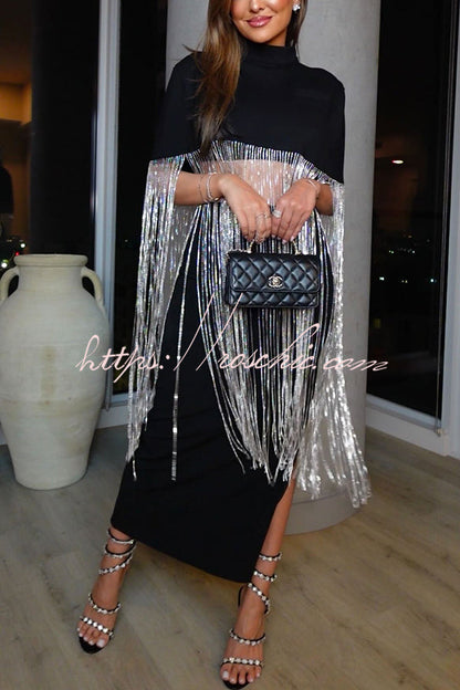 New Level Shiny Tassel Stand Neck Crop Cape Blouse (Shipped Within 24 Hours)