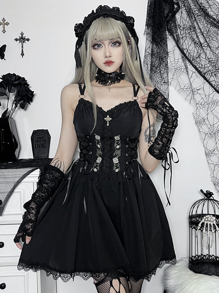 Gothic  Black V Neck Lace Up Y2K Grunge Punk High Waist Lace Trim Party Dress