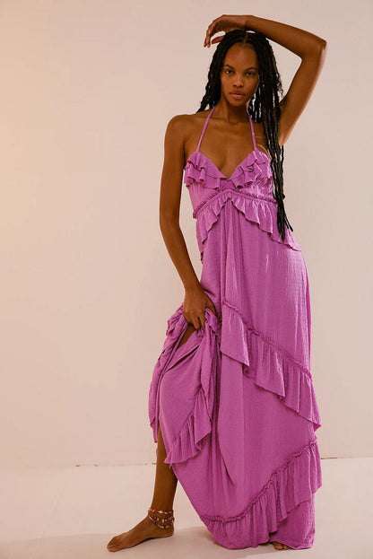Solid Color V Neck Backless Strappy  Boho Dress