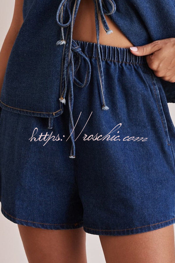 Stylish Elastic Waist Drawstring Pocket Casual Loose Denim Shorts