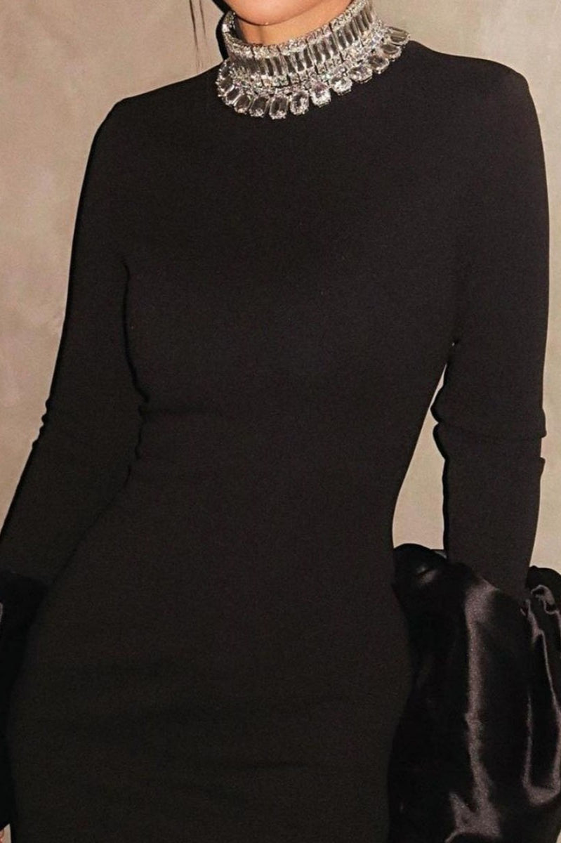 Vestido Formal de Manga Larga con Cuello Redondo Brillante y Manga Abullonada