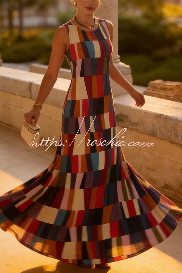 Retro Chic Linen Blend Colorful Color Block Plaid Round Neck Sleeveless Maxi Dress