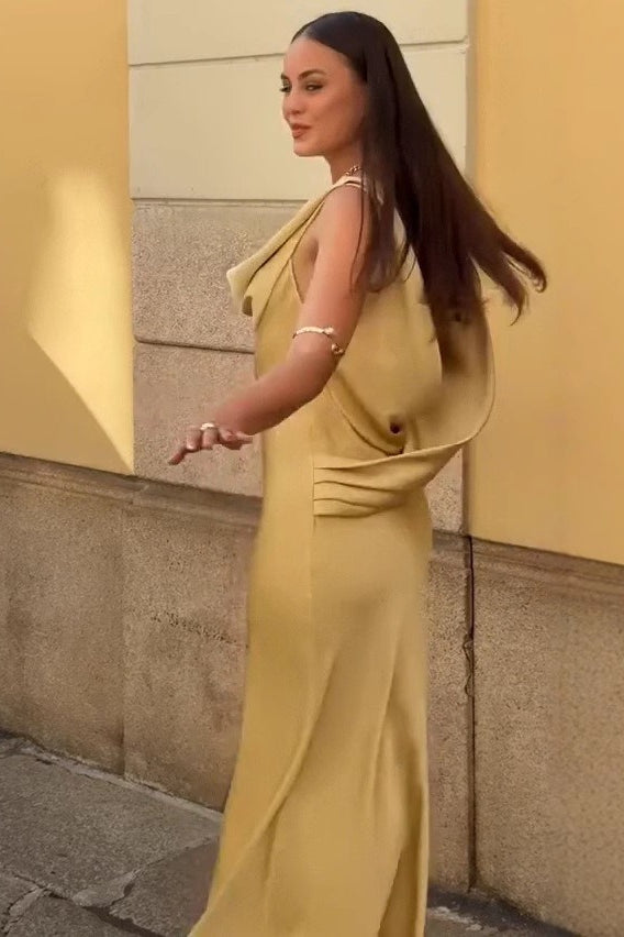 Draped Neck Backless Waist Cinch Elegant  Formal Dress