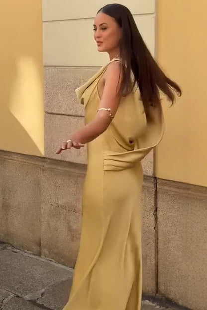 Draped Neck Backless Waist Cinch Elegant  Formal Dress