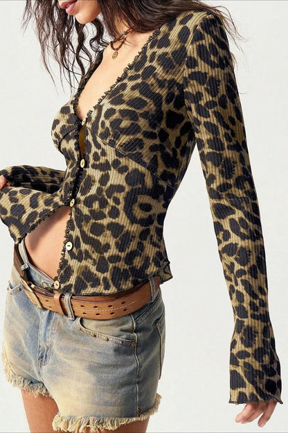 Leopard Print Mesh Button Front Crop Top