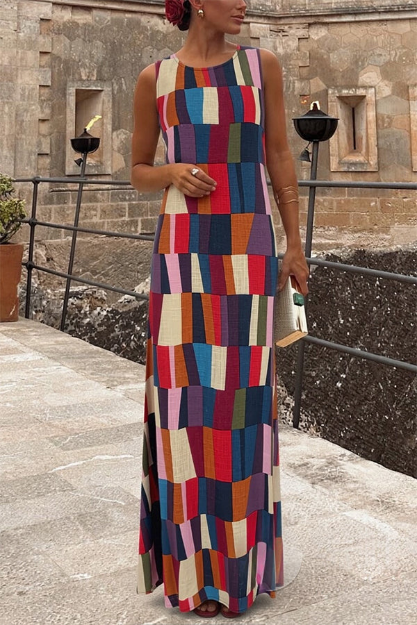 Retro Chic Linen Blend Colorful Color Block Plaid Round Neck Sleeveless Maxi Dress