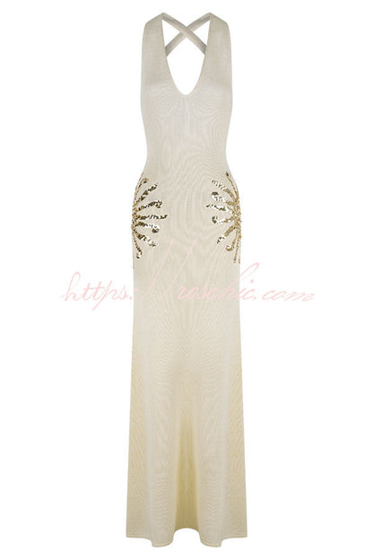 Sparkling Nights Knit Sunburst Sequin Detail Back Cross Straps Stretch Maxi Dress