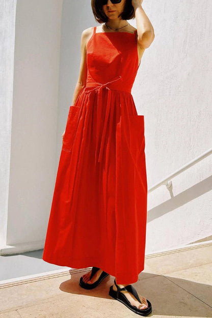 Solid Color Sleeveless Side Slit Tie-up Casual Vacation Pocket Maxi Dress