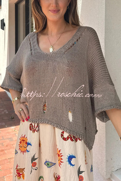 Solid Color Loose V-neck Hollowed-out Casual Knit Top
