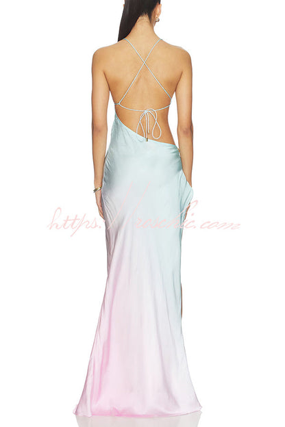 Miami Night Satin Gradient Print Cutout Moonstone Slip Slit Maxi Dress