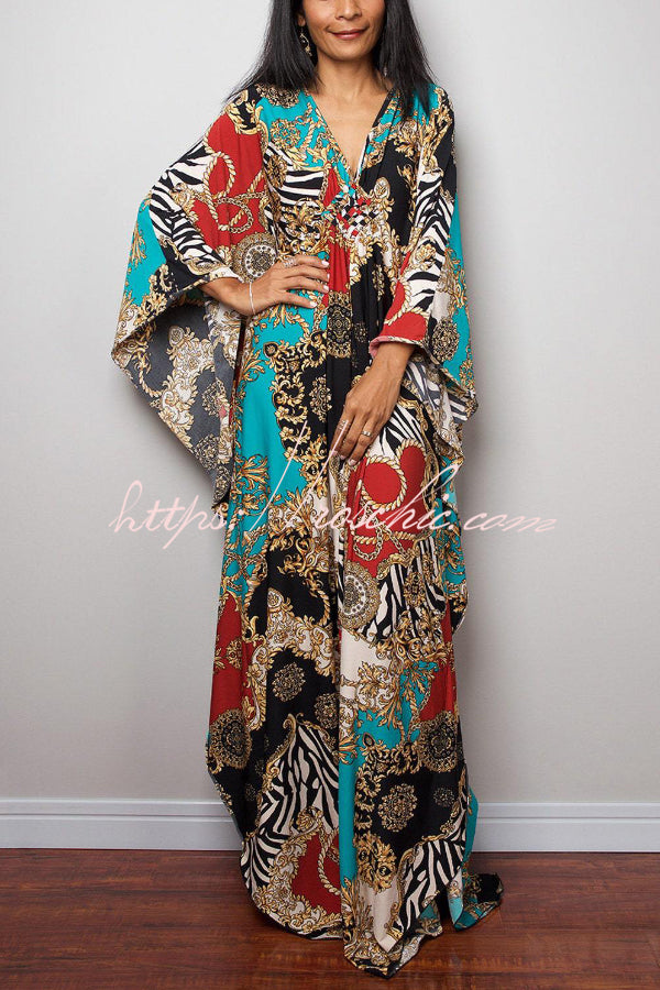 Unique Print Loose V-Neck Batwing Sleeve Casual Maxi Dress
