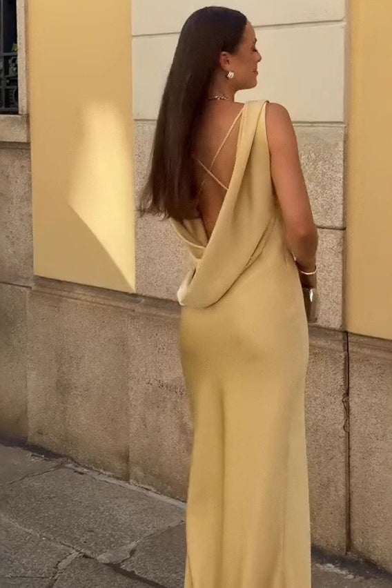 Draped Neck Backless Waist Cinch Elegant  Formal Dress