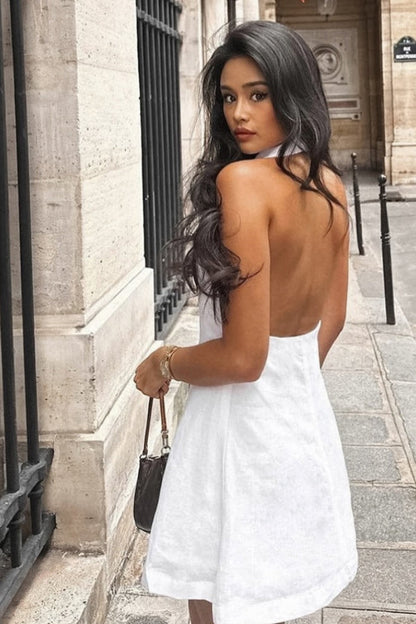 Minivestido con cuello halter, escote en V y botones, corte en A