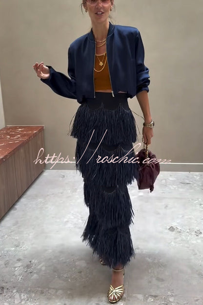 Freestyle Dance Steps Layered Tassels High Rise Back Zipper Slit Maxi Skirt