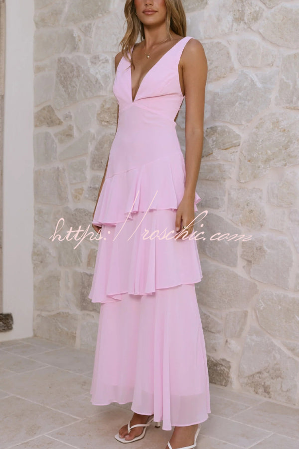Solid Color V-neck Sleeveless Elegant Layered Maxi Dress