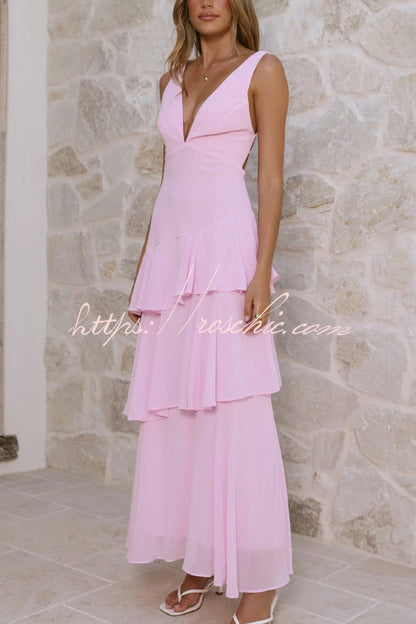 Solid Color V-neck Sleeveless Elegant Layered Maxi Dress