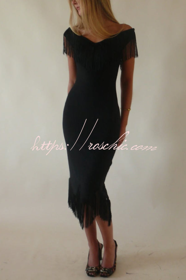 Solid Color V-neck Off-shoulder Slim-fit Tassel Midi Dress