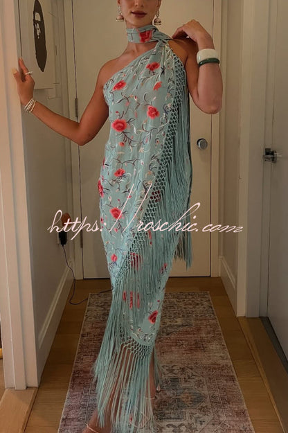 Floral Print Halter Neck Sleeveless Elegant Tassel Maxi Dress