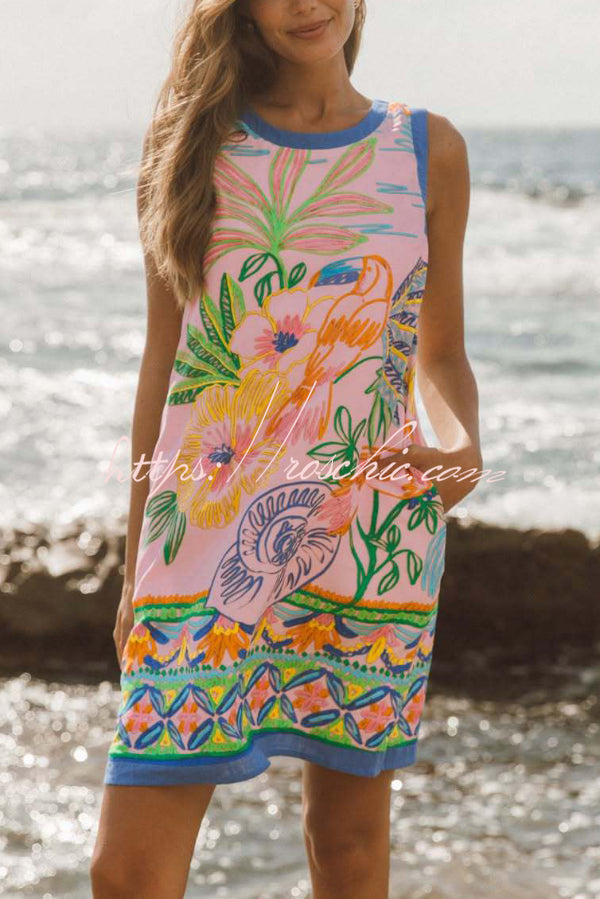 Summer Unique Print Loose Round Neck Sleeveless Casual Pocket Mini Dress