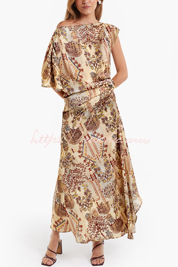 Cassie Satin Unique Print One Shoulder Ruched Waist Asymmetrical Hem Maxi Dress