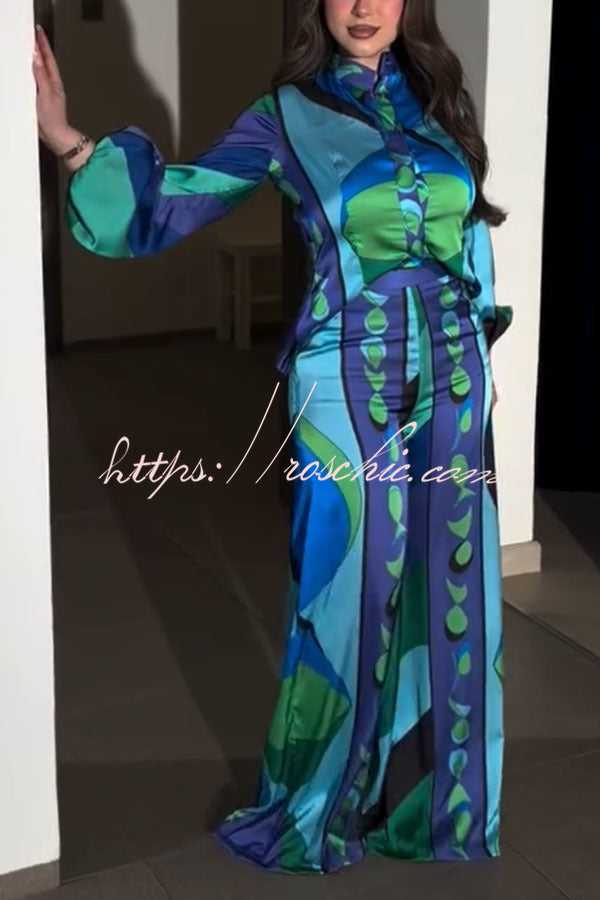 Ellie Satin Unique Print Balloon Sleeve High Low Shirt and Elastic Waist Pocket Loose Pants Set