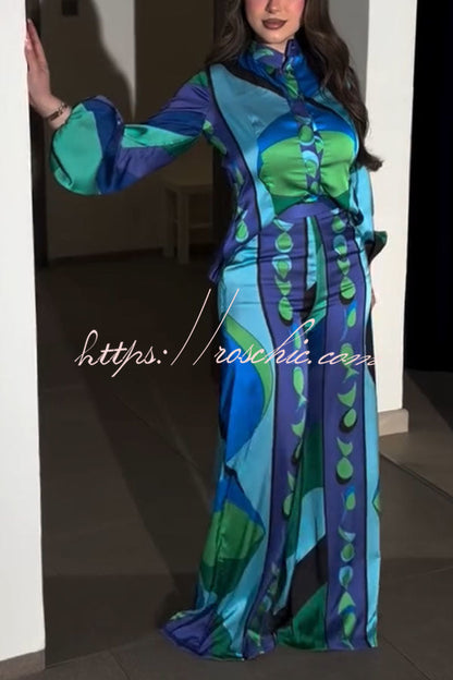 Ellie Satin Unique Print Balloon Sleeve High Low Shirt and Elastic Waist Pocket Loose Pants Set
