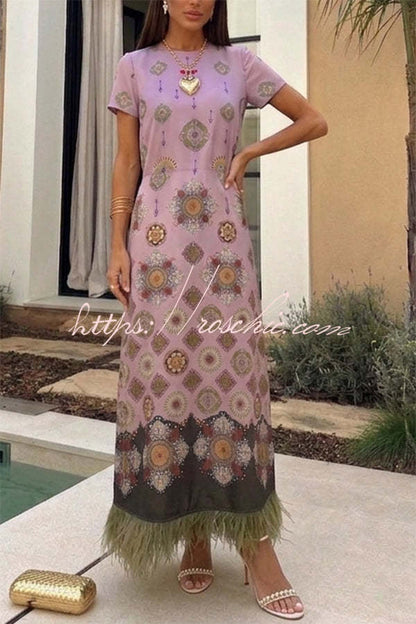 Lucia Satin Baroque Court Style Printed Short Sleeve Pocket Feather Trim Maxi Dress