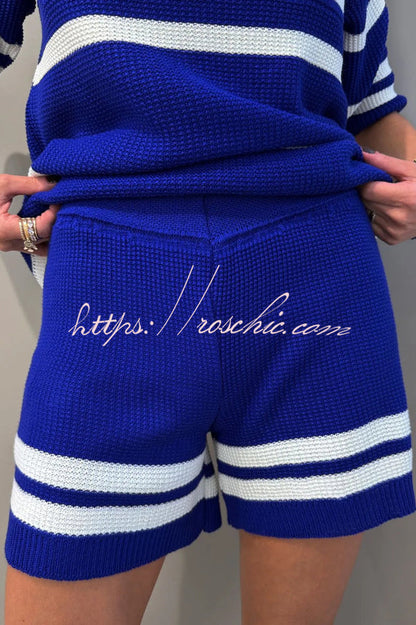 World Cup-themed Jacquard V-neck Short-sleeved Loose-fitting Top and Casual Stretch Shorts Knit Set