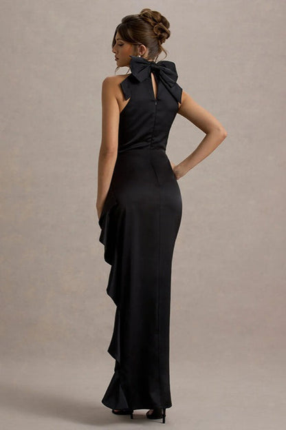 High-Neck Lace Slit Party Dress