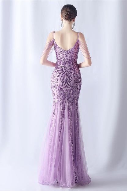 Vestido maxi de cóctel de malla con abalorios