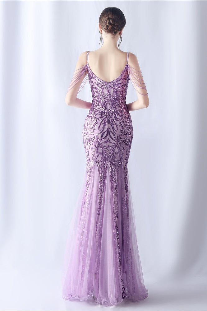 Vestido maxi de cóctel de malla con abalorios