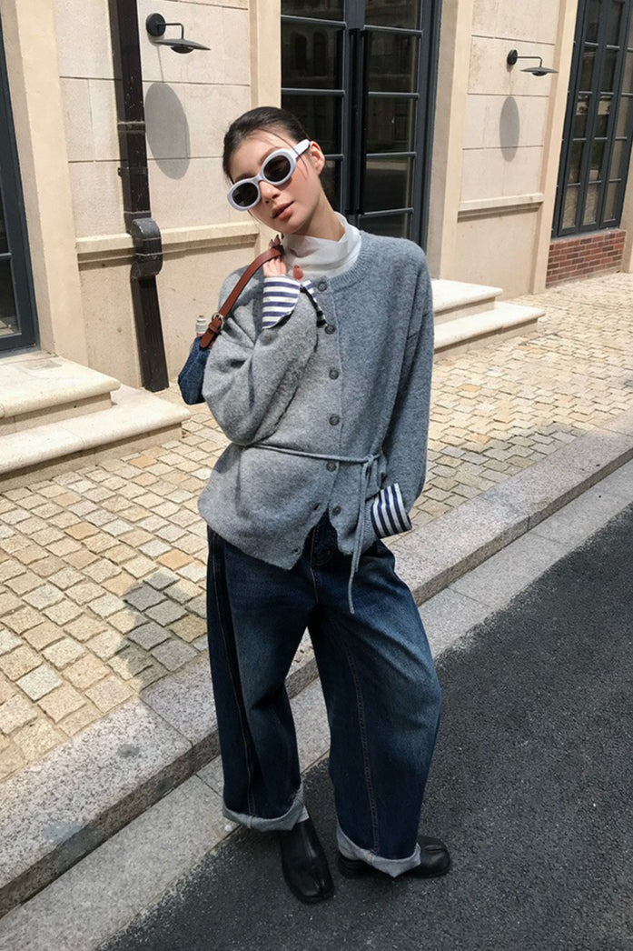 Color-Block Belted Lazy-Style Knit Cardigan
