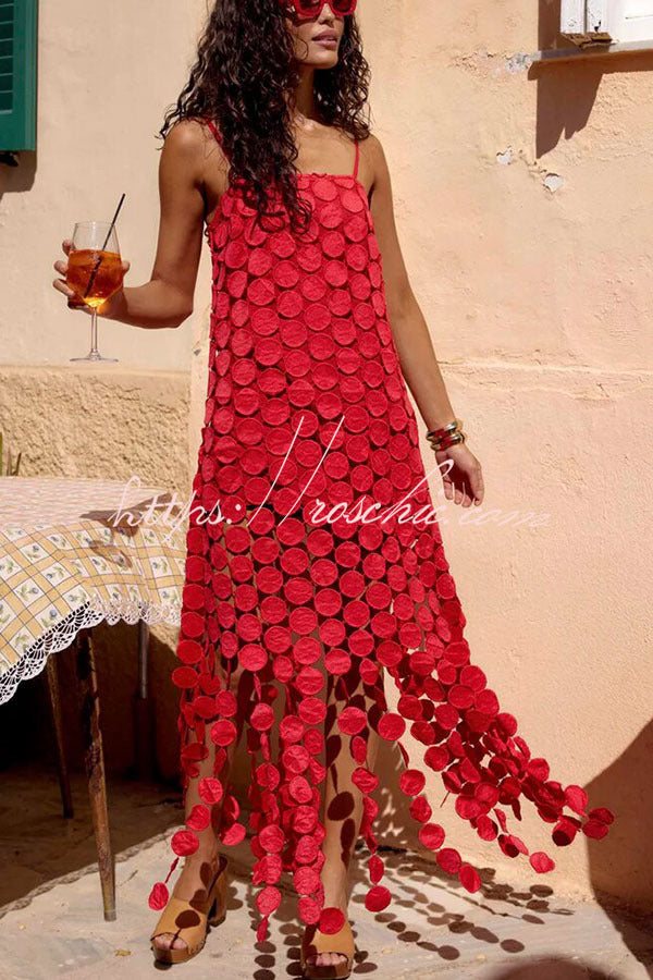 Juju Embroidered Cutout Polka Dots Square Neck Tassel Hem Slip Maxi Dress