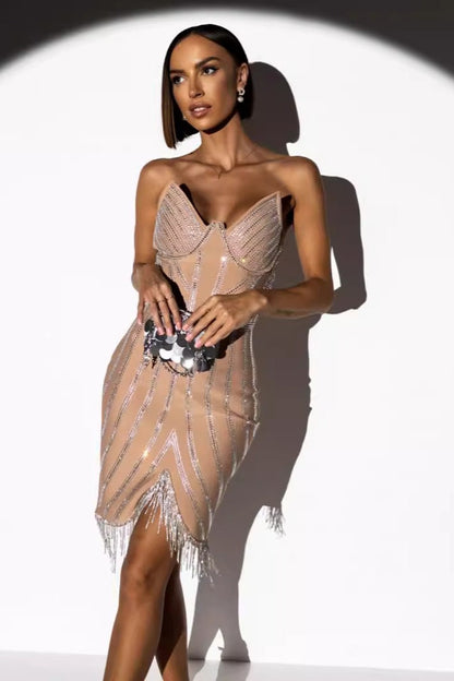 Strapless Rhinestone Tassel Bandage Cocktail Dress