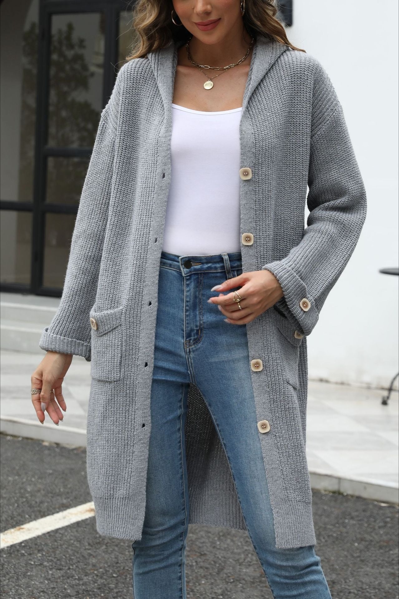V Neck Solid Color Cardigan