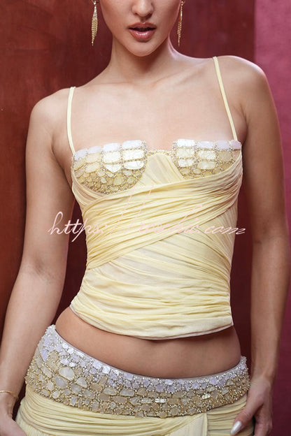 Romantic Sunset Pleated Chiffon Crystals & Beads Detail Back Lace-up Slip Tank