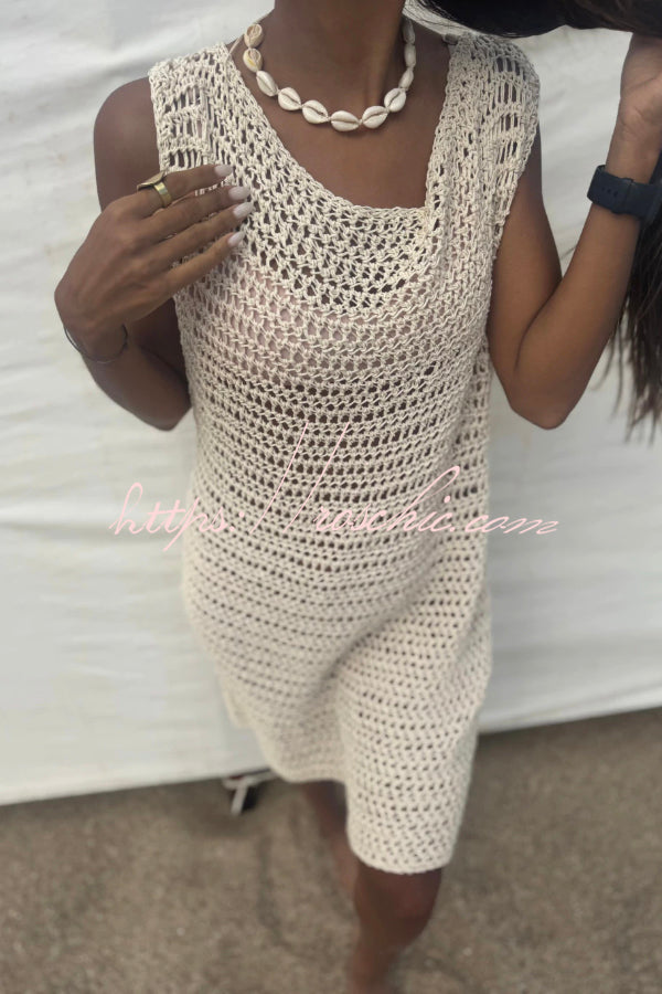 Fashionable Loose-fitting Openwork Sleeveless Casual Knitted Cover-up Mini Dress