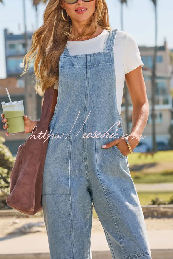 Stylish Loose Pockets Side Buttons Wide-leg Denim Jumpsuit