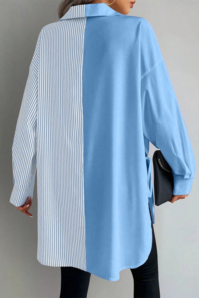 Striped Plus Size Asymmetric Panel Side Tie Button Blouse