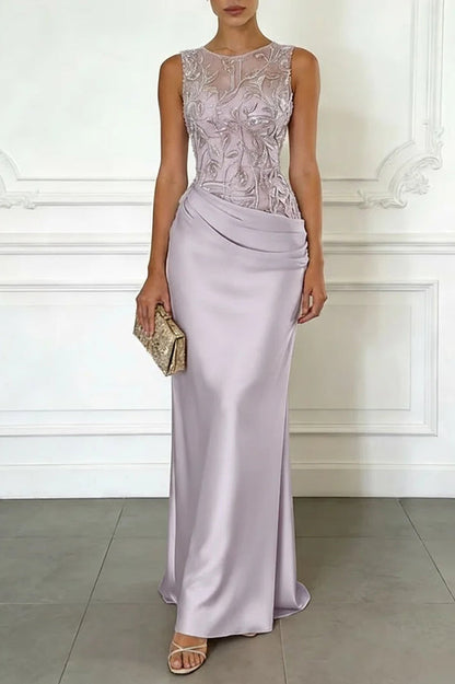 Vera Mesh Embroidery Satin Ruched Crew Neck Sleeveless Gown Maxi Dress
