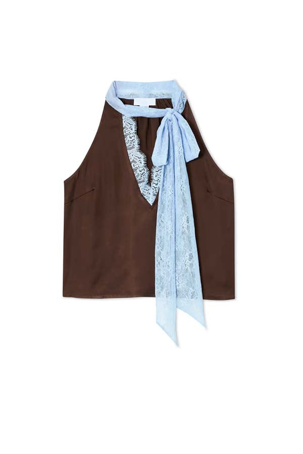 Sunday Social Contrast Color Satin Lace Trim Neck Strap Loose Tank (Shipped Within 24 Hours)