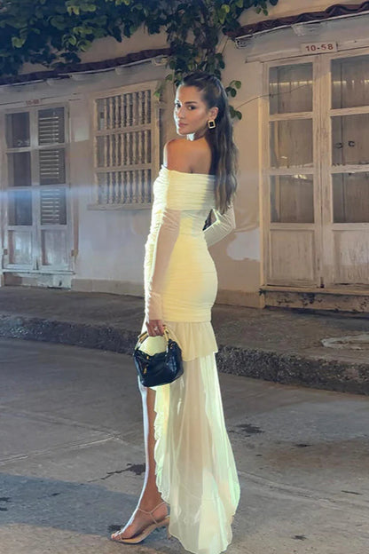 Fall New Slim-Fit Pleated Off-Shoulder  Party Dress